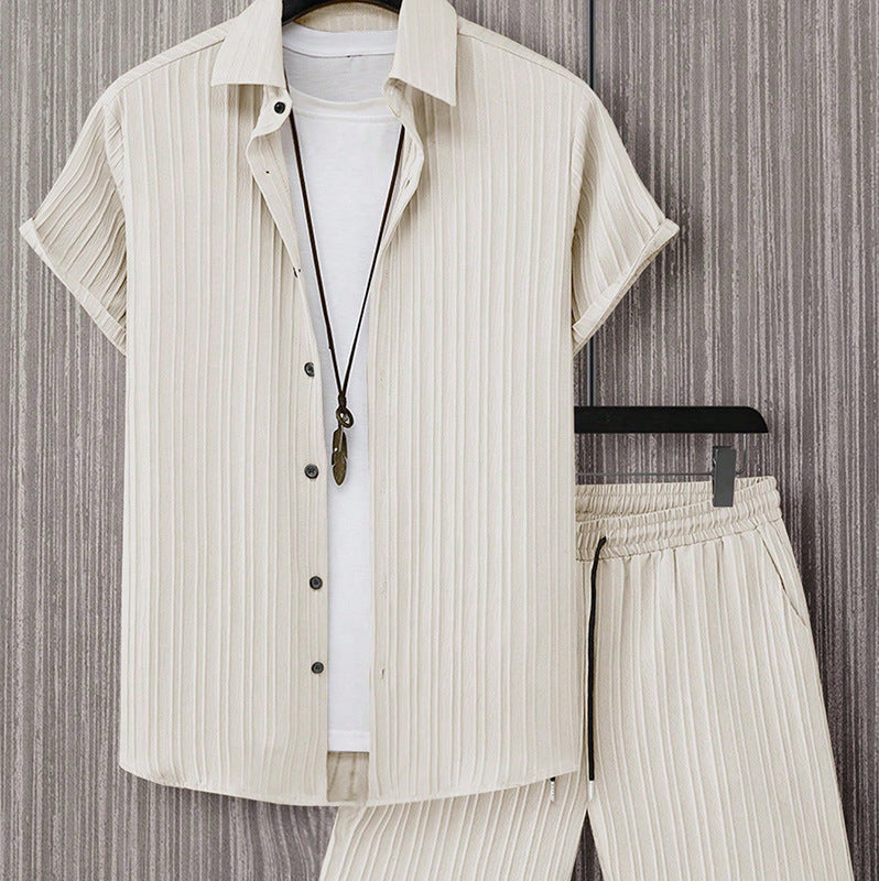 Men’s Striped Short-Sleeve Lapel Shirt & Shorts Set – Lightweight Summer Co-Ord