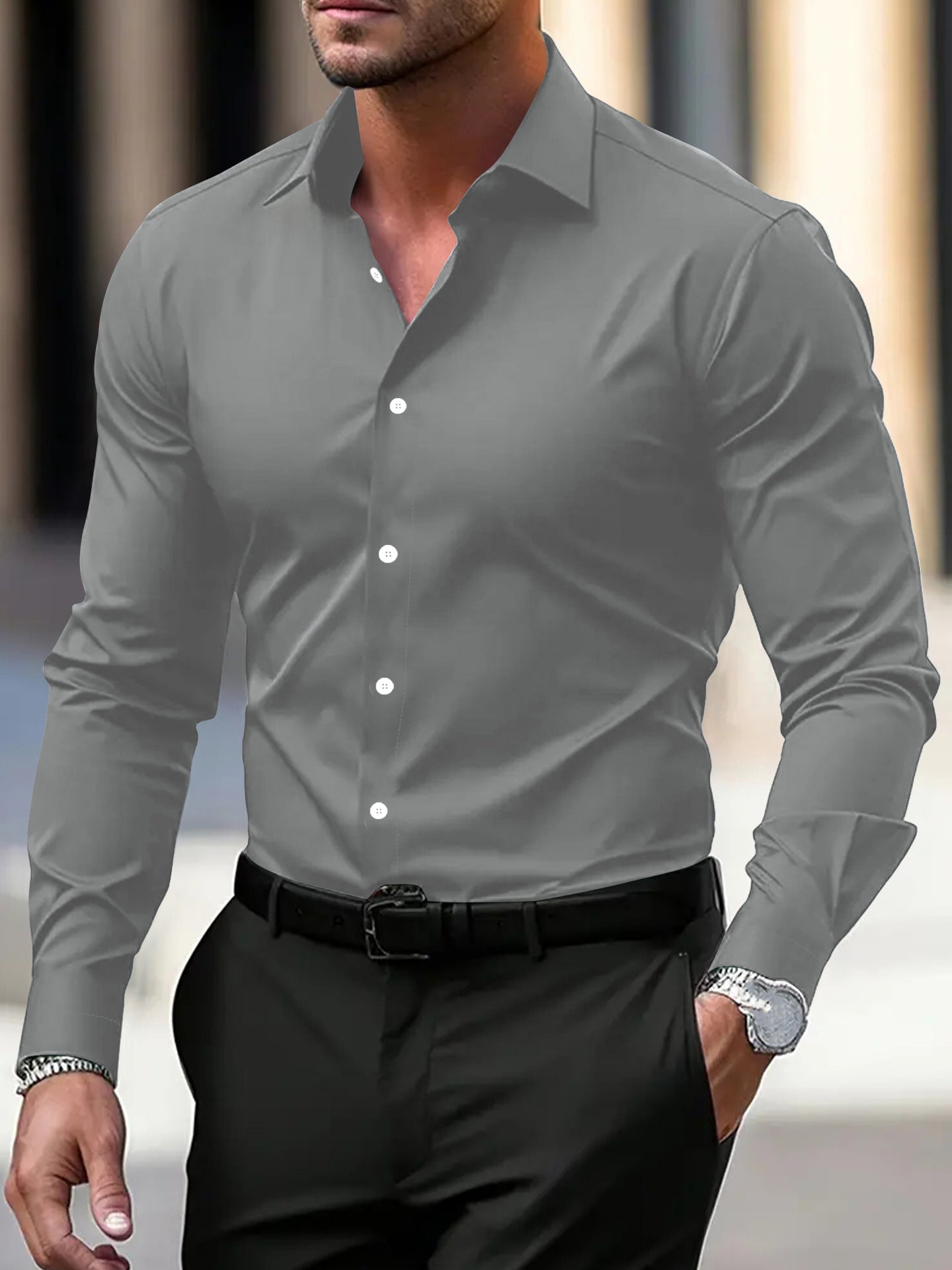 Men’s Solid-Color Long-Sleeve Button-Down Shirt – Business & Vacation Style