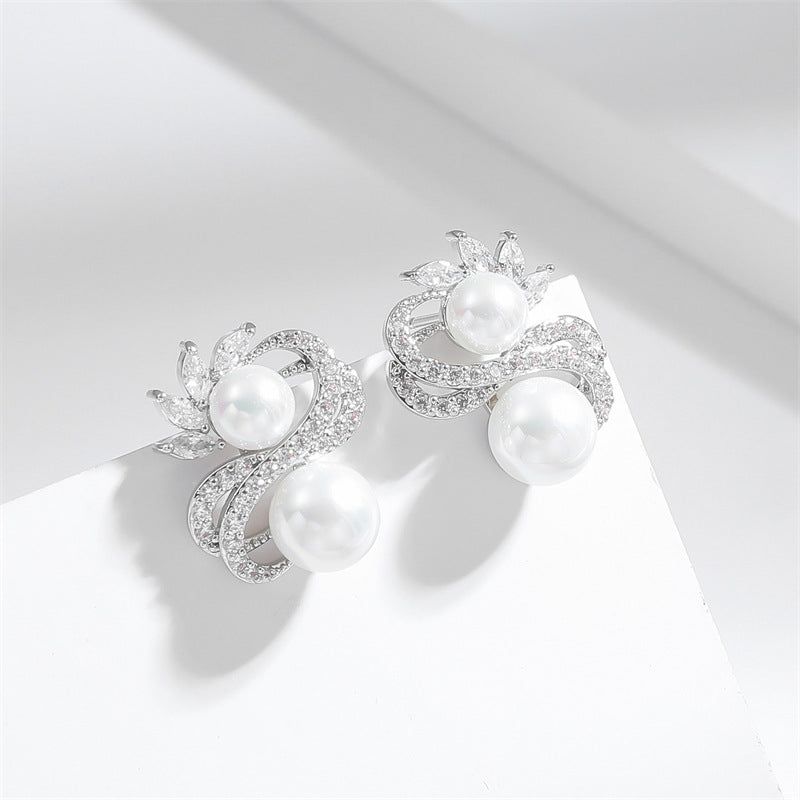 Silver Needle Pearl Earrings S-shaped Drop Zircon Temperament