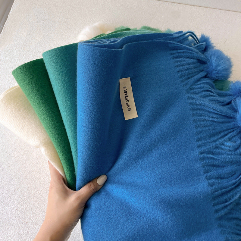 Beige Artificial Cashmere Scarf Fur Ball Winter Warm Tassel Shawl