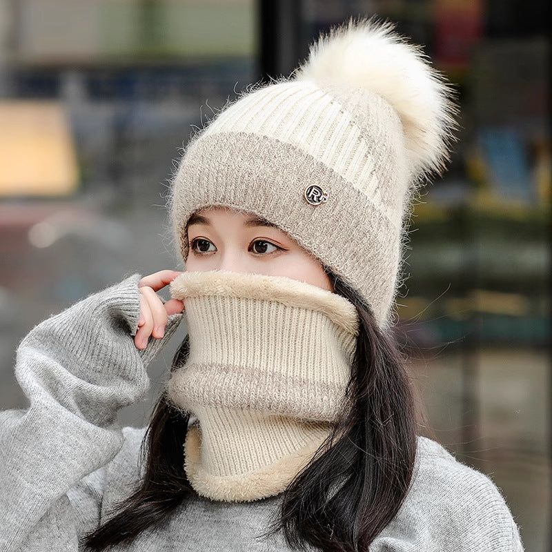 All-match Cycling Warm With Velvet Cold-proof Women's Winter Cotton-padded Cap Scarf Set