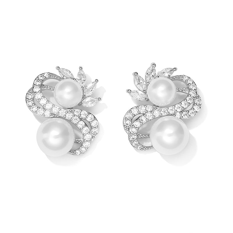 Silver Needle Pearl Earrings S-shaped Drop Zircon Temperament