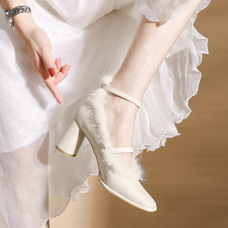 Retro Square Toe Single New Mink Fur French Style Chunky High Heels For Women