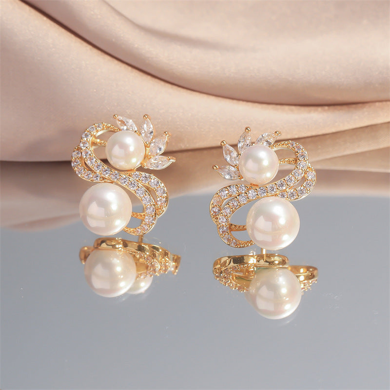 Silver Needle Pearl Earrings S-shaped Drop Zircon Temperament
