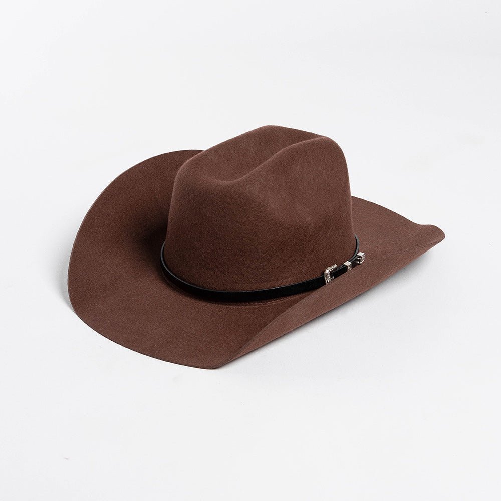 Belt Buckle Wide Brim Curling Wool Cowboy Hat