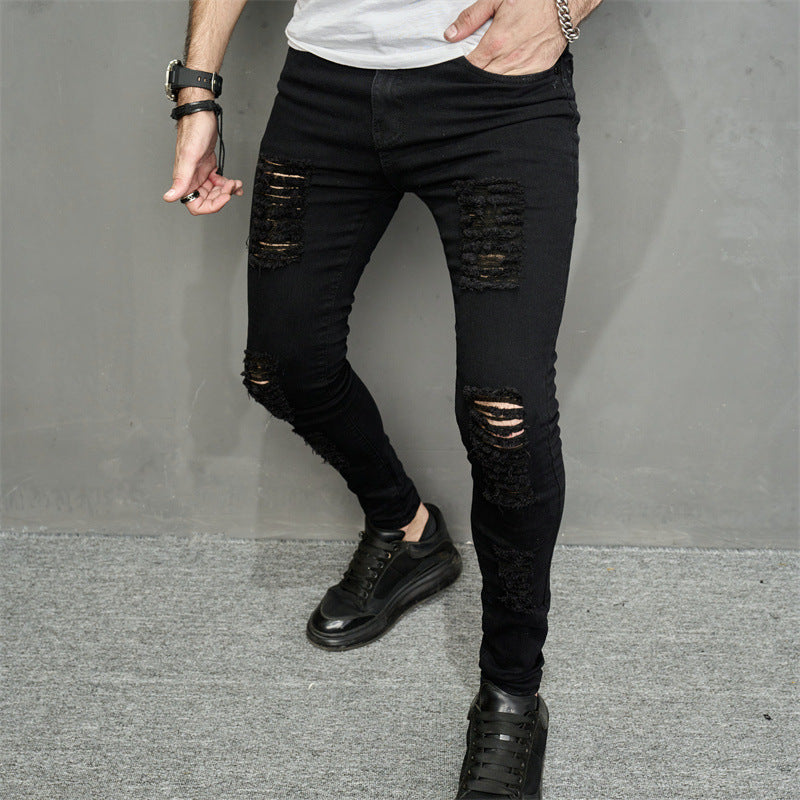 Men’s Ripped Slim-Fit Denim Jeans – Street Style with Bold Personality