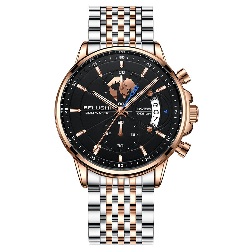 Business Three-eye Timing Leather Luminous Watch Steel Band