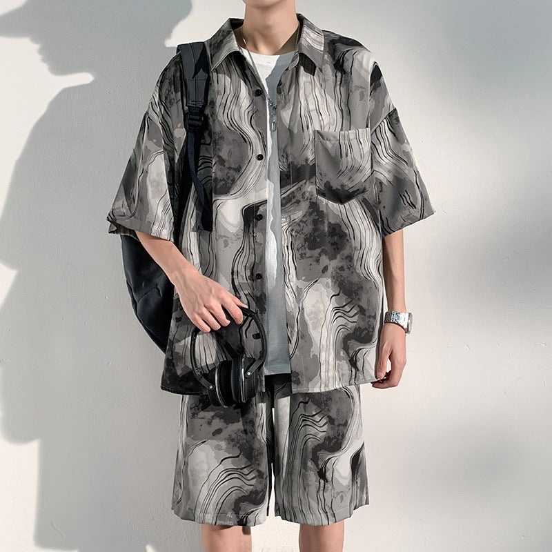 Men’s Ice Silk “Cool Feel” Short Sleeve Shirt & Shorts Set – Lightweight Summer Loungewear