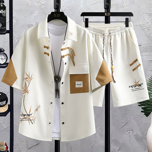 Men’s Chinese-Style Summer Short-Sleeve Shirt & Shorts Set – National Elegance in Casual Wear