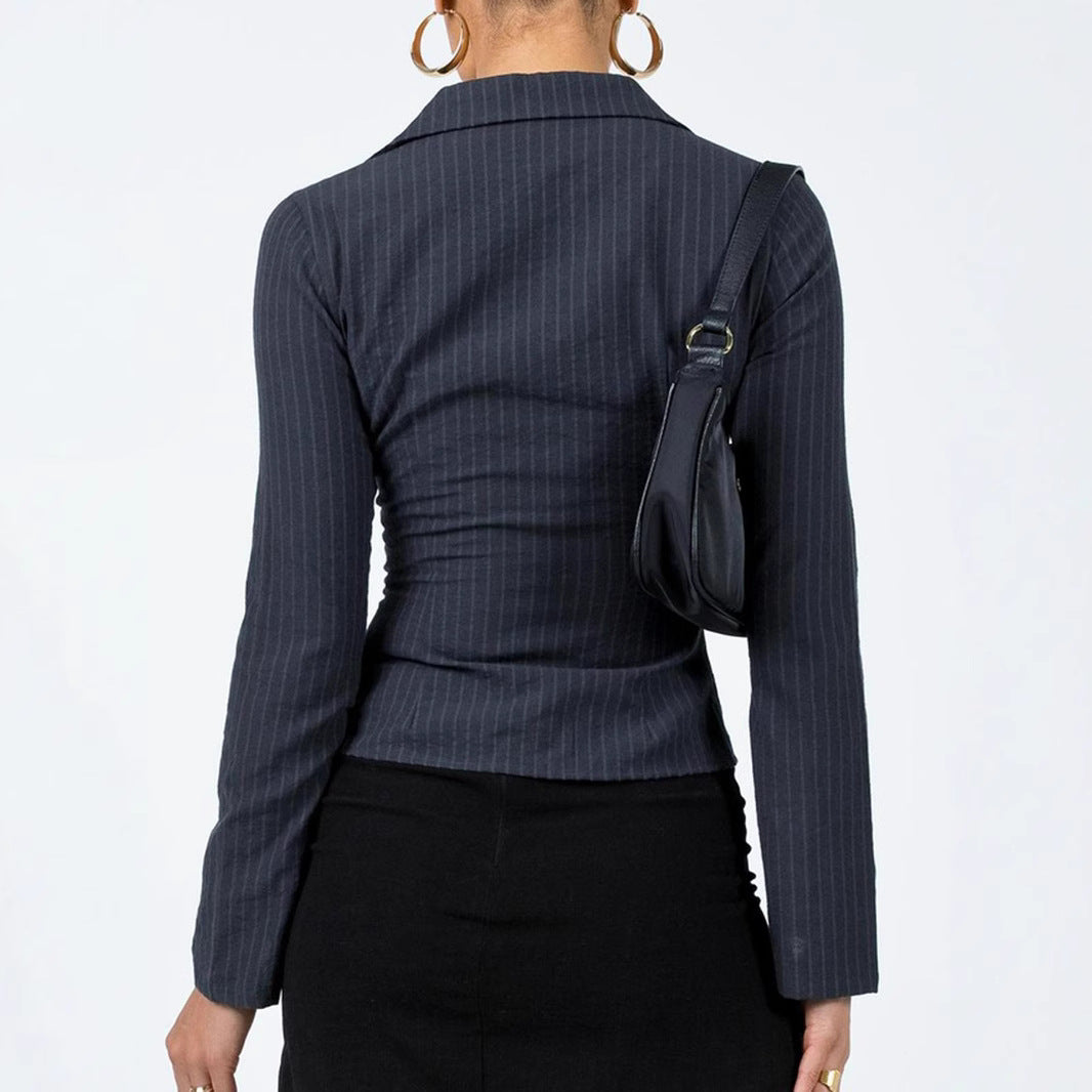 Lapel Breasted Cardigan Long Sleeve Shirt Slim Striped Top