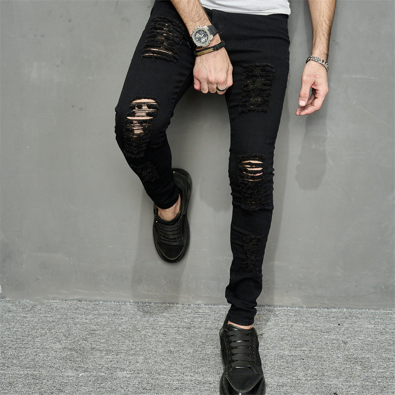 Men’s Ripped Slim-Fit Denim Jeans – Street Style with Bold Personality