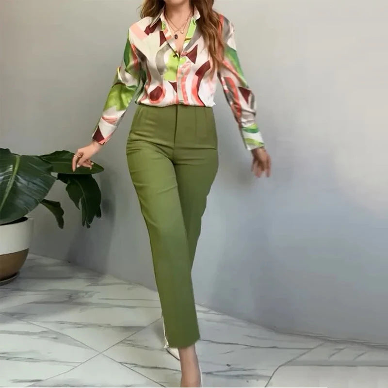Printed Shirt Slim Trousers Casual Two-piece Suit