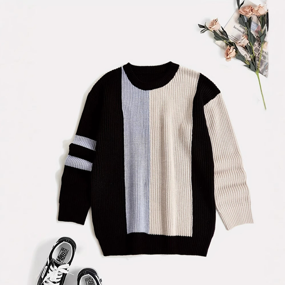Contrast Color Fashion All-match College Style Round Neck Pullover Men's Sweater