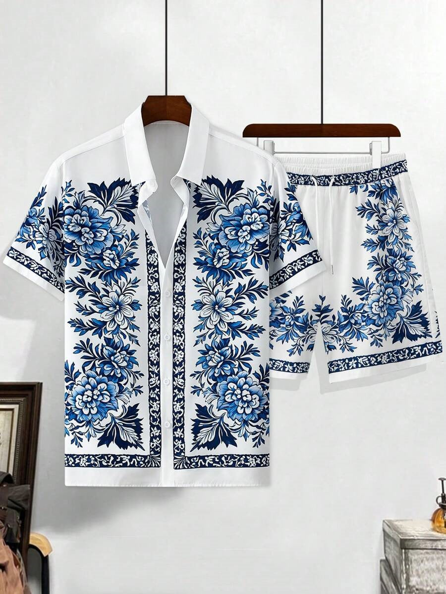 Men’s Retro Floral 3D Digital Print Shirt & Shorts Set – Bold Summer Matching Outfit