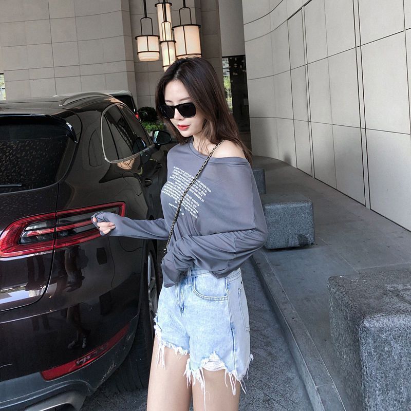 Retro Alphabet Long Sleeve Loose Slimming Thin Pullover Sun Protection Shirt