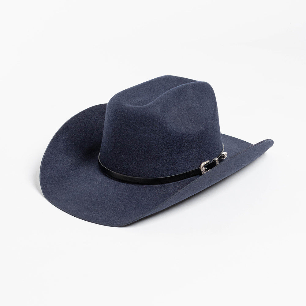 Belt Buckle Wide Brim Curling Wool Cowboy Hat