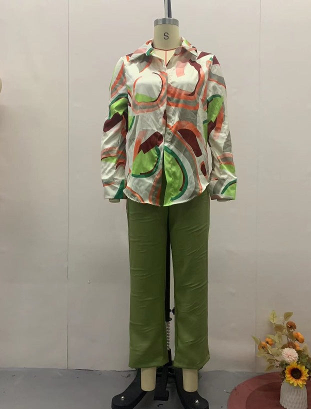 Printed Shirt Slim Trousers Casual Two-piece Suit