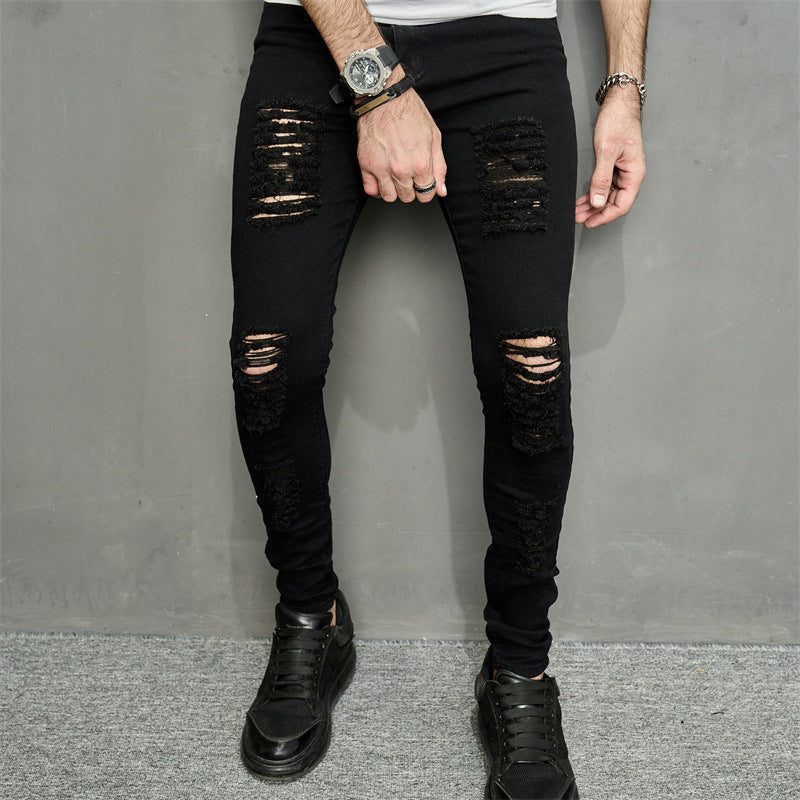 Men’s Ripped Slim-Fit Denim Jeans – Street Style with Bold Personality