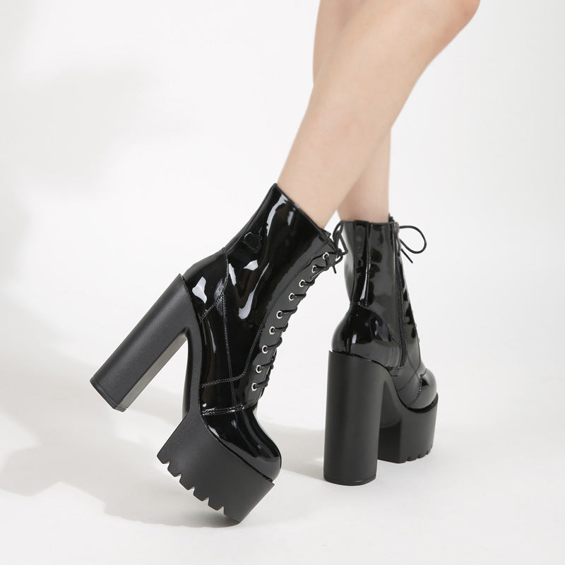 Women's Chunky Heel Short Patent Leather Lace-up Martin Boots