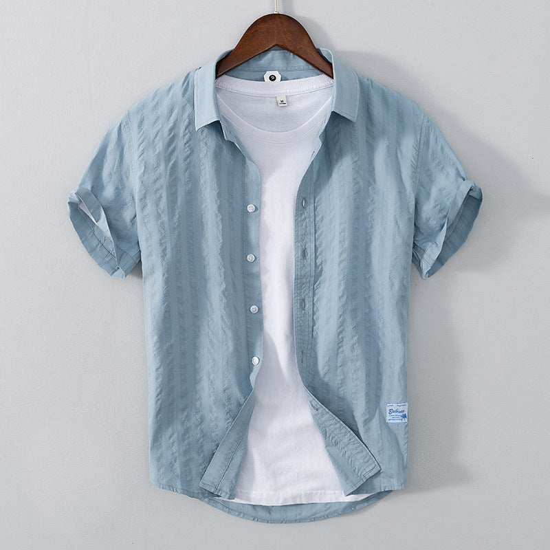 Men’s Leisure Dark Striped Thin Short Sleeve Pure Cotton Shirt – Casual Fit