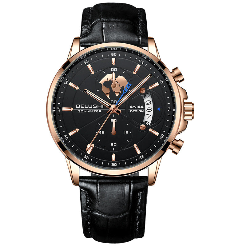 Business Three-eye Timing Leather Luminous Watch Steel Band