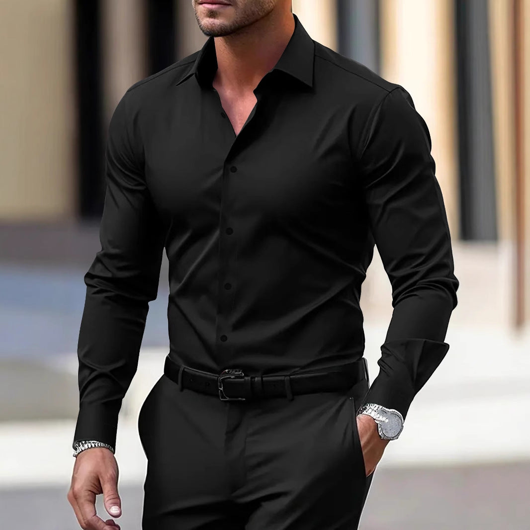 Men’s Solid-Color Long-Sleeve Button-Down Shirt – Business & Vacation Style