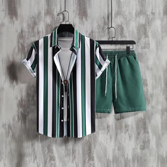 Striped Contrast Color 3D-Printed Vacation Shirt & Shorts Set – Tropical Summer Outfit