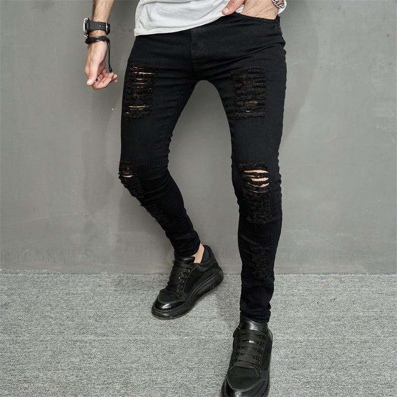 Men’s Ripped Slim-Fit Denim Jeans – Street Style with Bold Personality