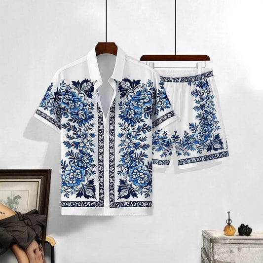 Men’s Retro Floral 3D Digital Print Shirt & Shorts Set – Bold Summer Matching Outfit