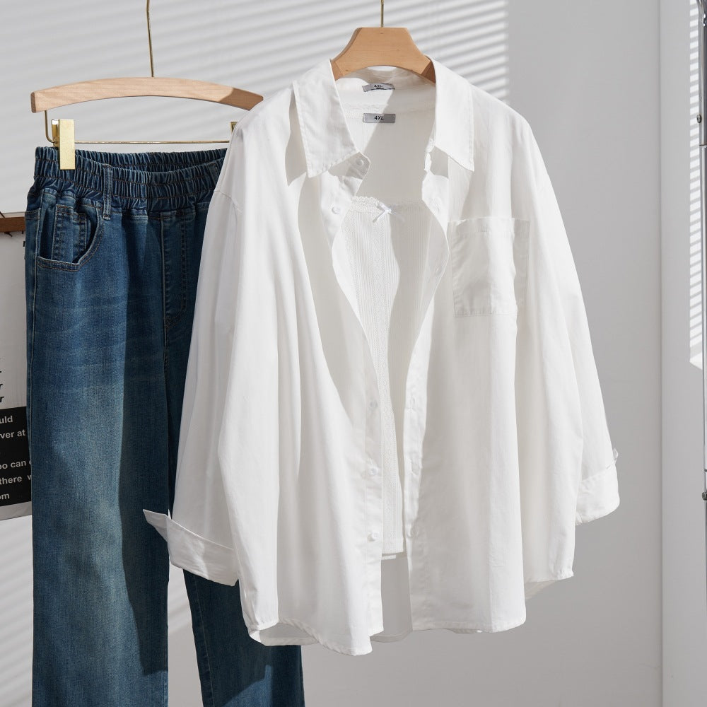 Plus Size Cotton Casual Shirt Loose Slimming Thin Long Sleeve