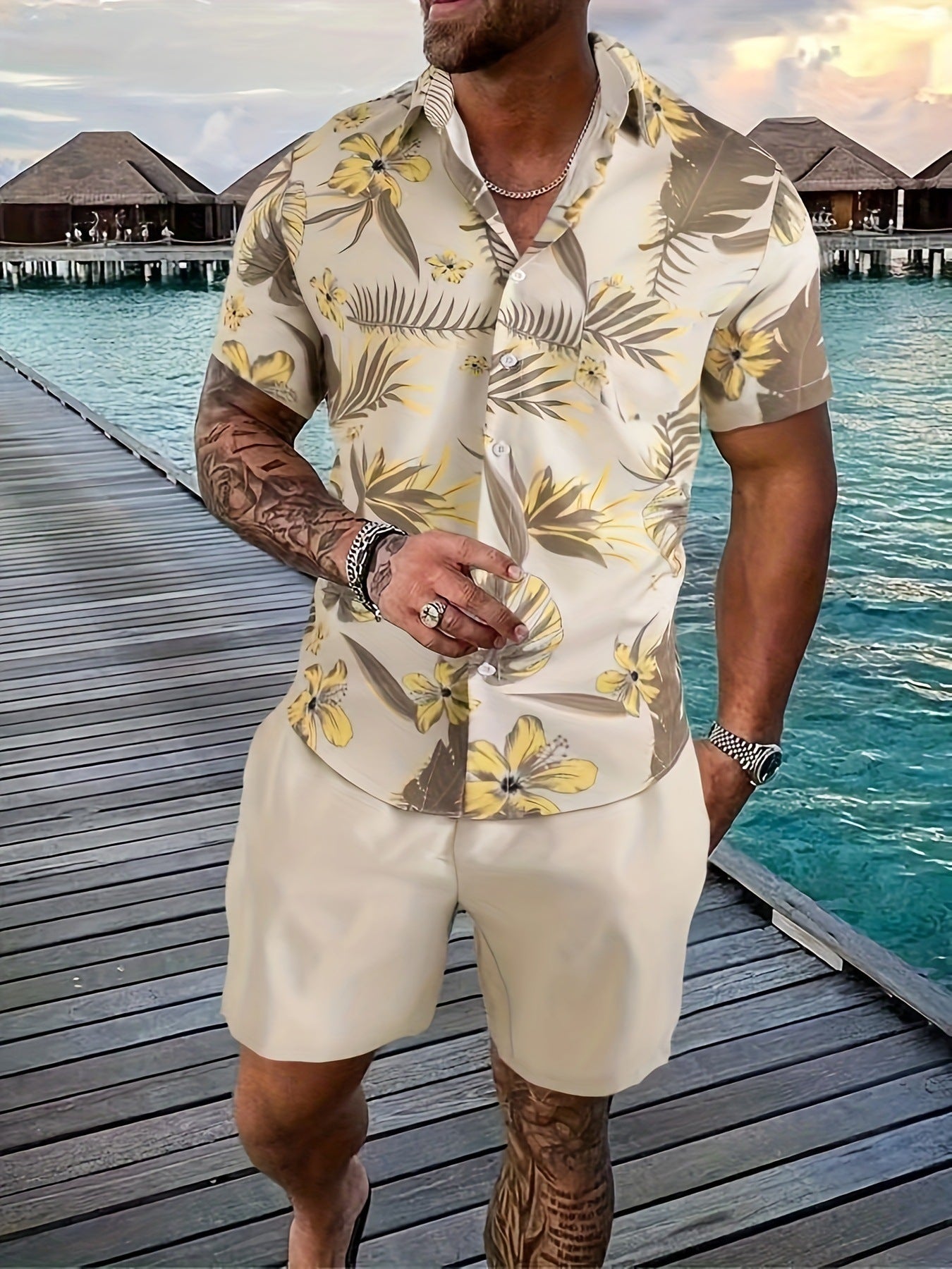 Men’s Coconut Tree 3D-Print Beach Two-Piece Set – Shirt & Shorts Vacation Outfit