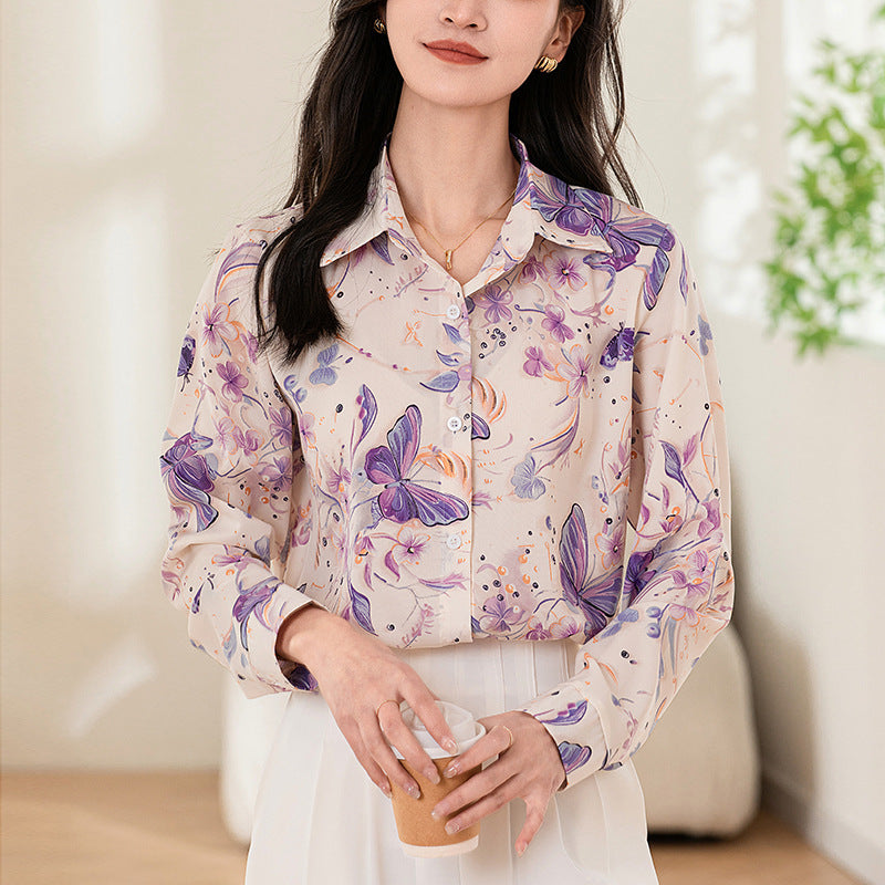 Design Sense Niche Long Sleeve Non-ironing Draping Vertical And Smooth Printed Top Shirt