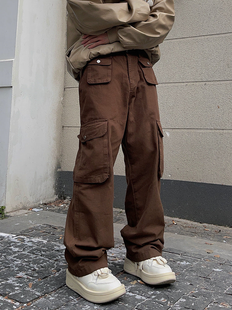 Men's Retro Brown Loose-Fit Overalls – Multi-Pocket American Streetwear