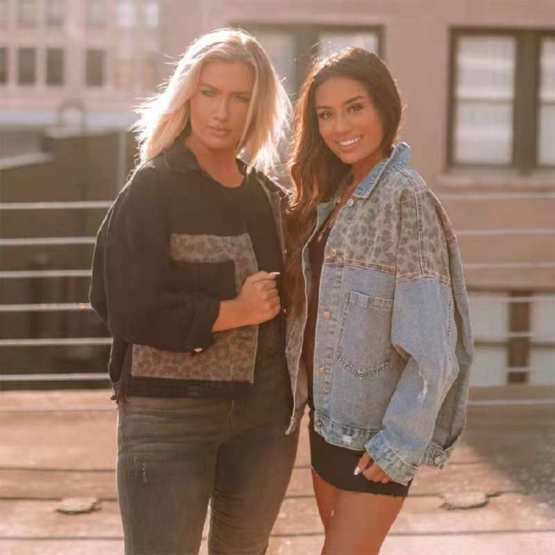 Leopard print stitching women's denim jacket