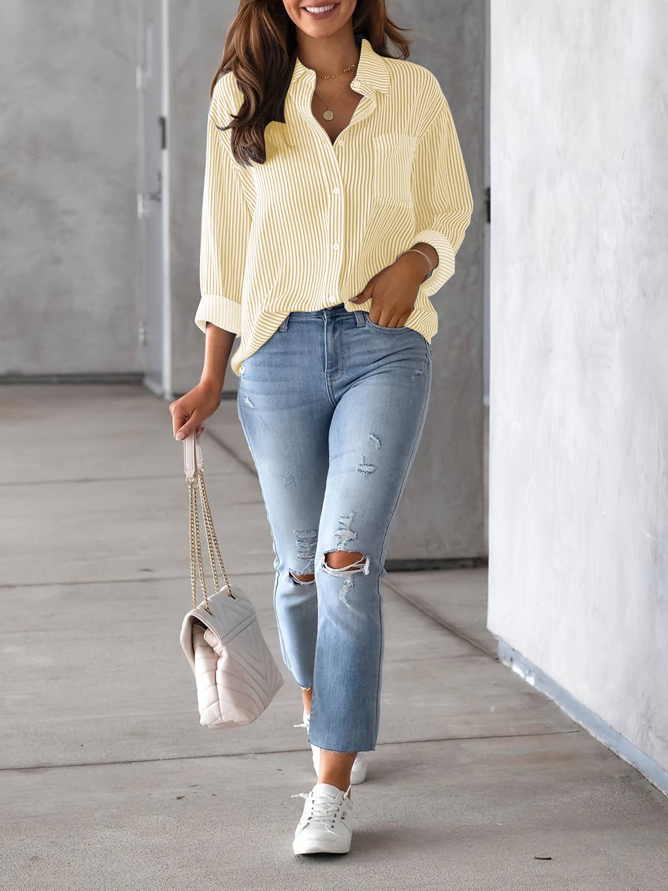 Women's Top Loose Business Casual Long Sleeved Shirt With Pockets