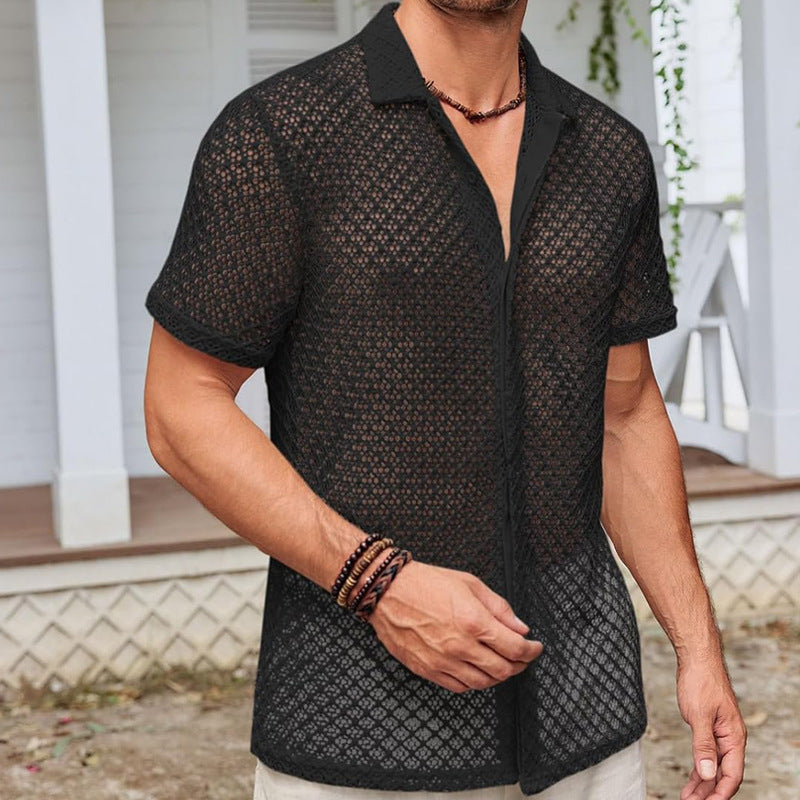 Men’s Summer Mesh Short Sleeve Shirt – Solid Color Lapel Beach Top