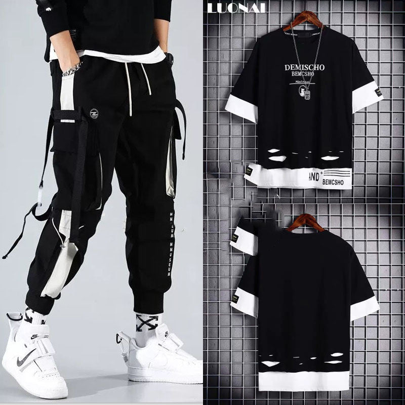Men’s Two-Piece Hip-Hop Summer Set – Loose Overalls with Hooded Top