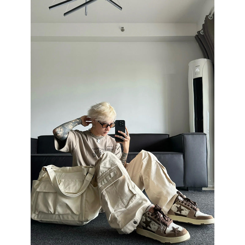 Men's Beige & White Multi-Pocket Overalls – Streetwear Utility Fashion
