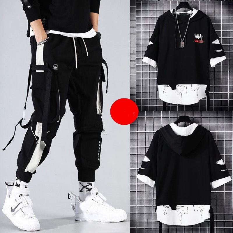 Men’s Two-Piece Hip-Hop Summer Set – Loose Overalls with Hooded Top