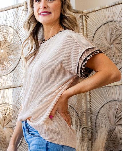 Jet Stream Leopard Patchwork Corded Knit Crew Neck T Shirt