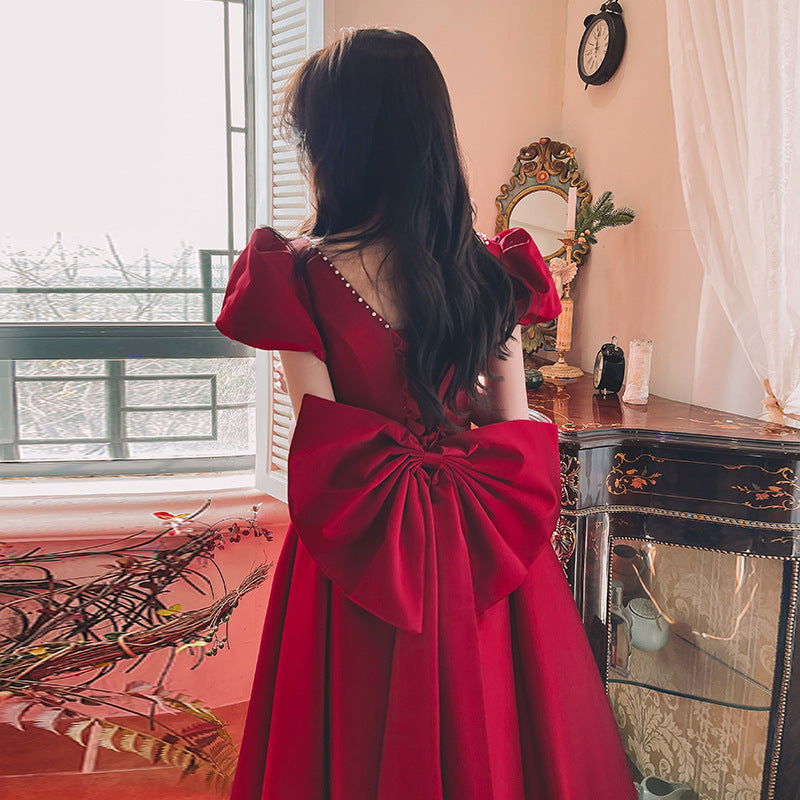 Regal Romance Puff Sleeve Pearl-Trimmed Dress – Wine Red