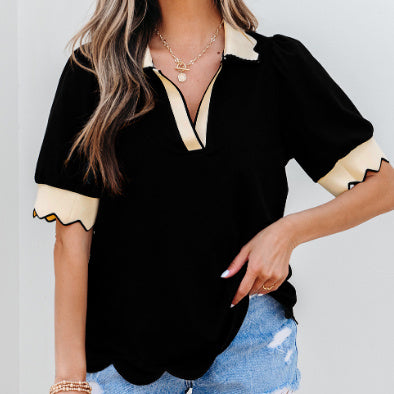 Black Color Contrast Collared V Neck Puff Sleeve Blouse