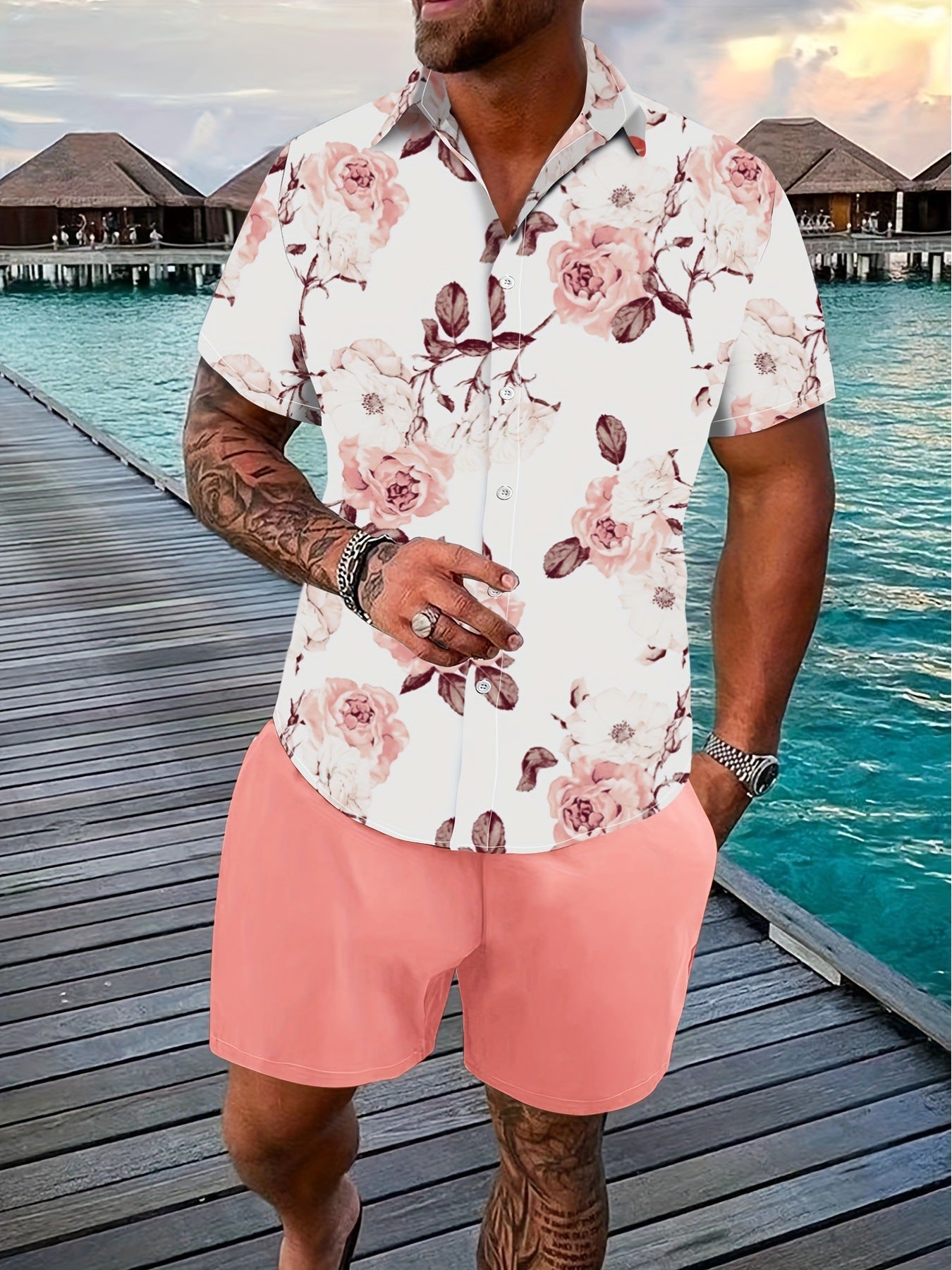Men’s Coconut Tree 3D-Print Beach Two-Piece Set – Shirt & Shorts Vacation Outfit