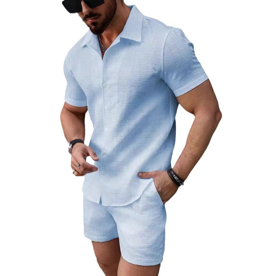 Men’s Vintage Textured Two-Piece Beach Set – Casual Short-Sleeve Shirt & Shorts