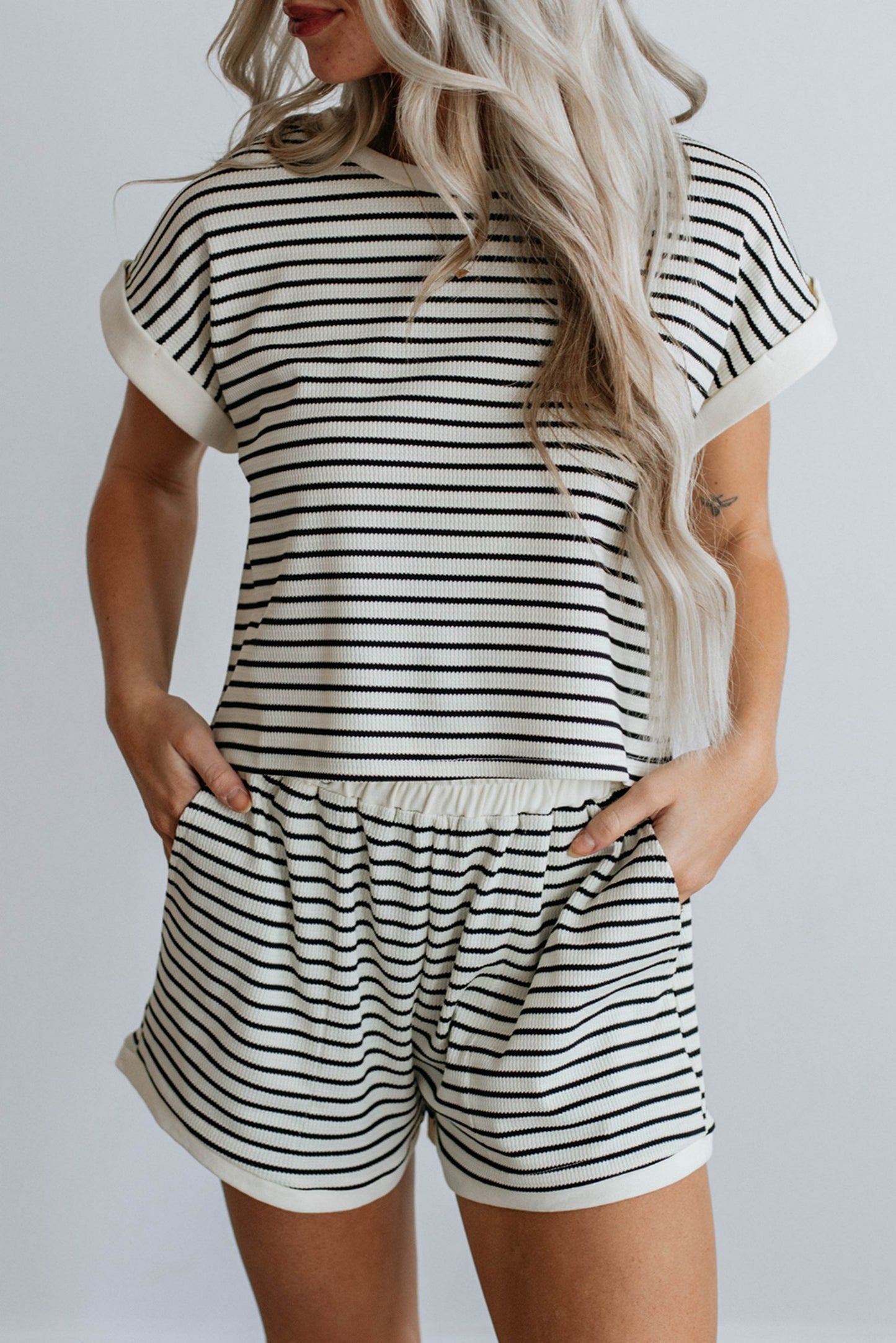 Women’s Striped Knit Casual Co-ord Set (Top & Shorts)