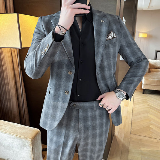 Men’s Plaid Leisure Two-Piece Set – Slim-Fit Business Casual Suit