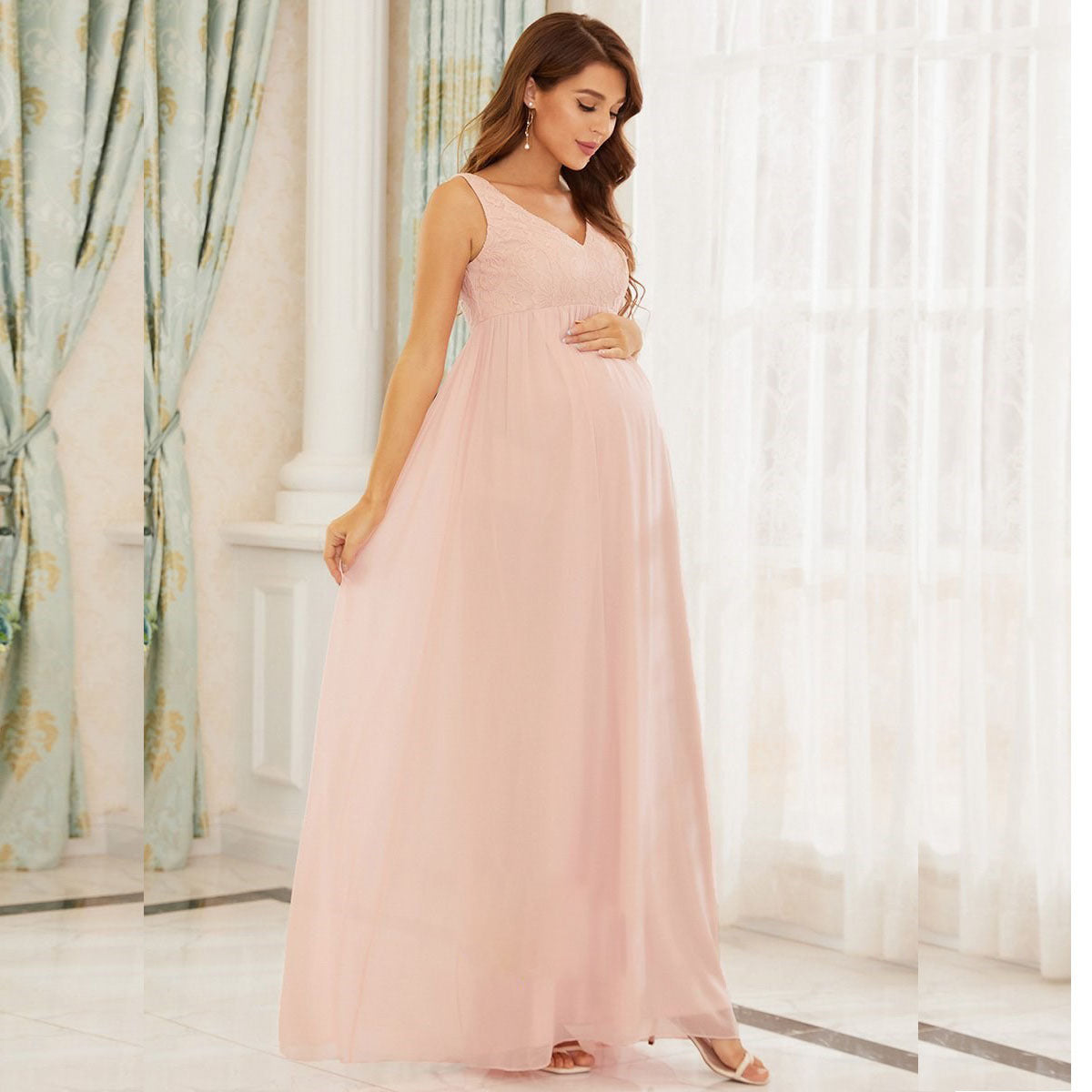 Maternity Dress Lace With Chiffon Long Dress For Pregant Women Sleeveless