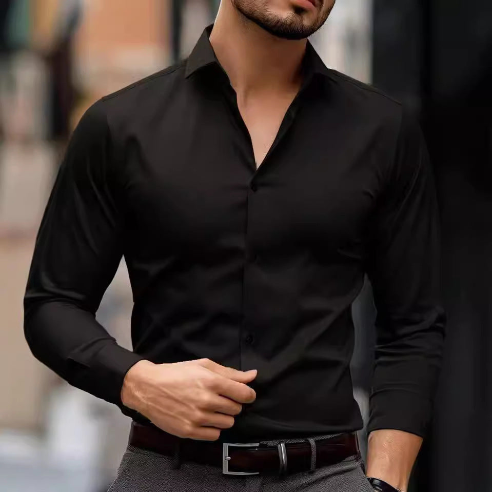 Men’s Solid-Color Long-Sleeve Lapel Business Shirt – Casual Elegance