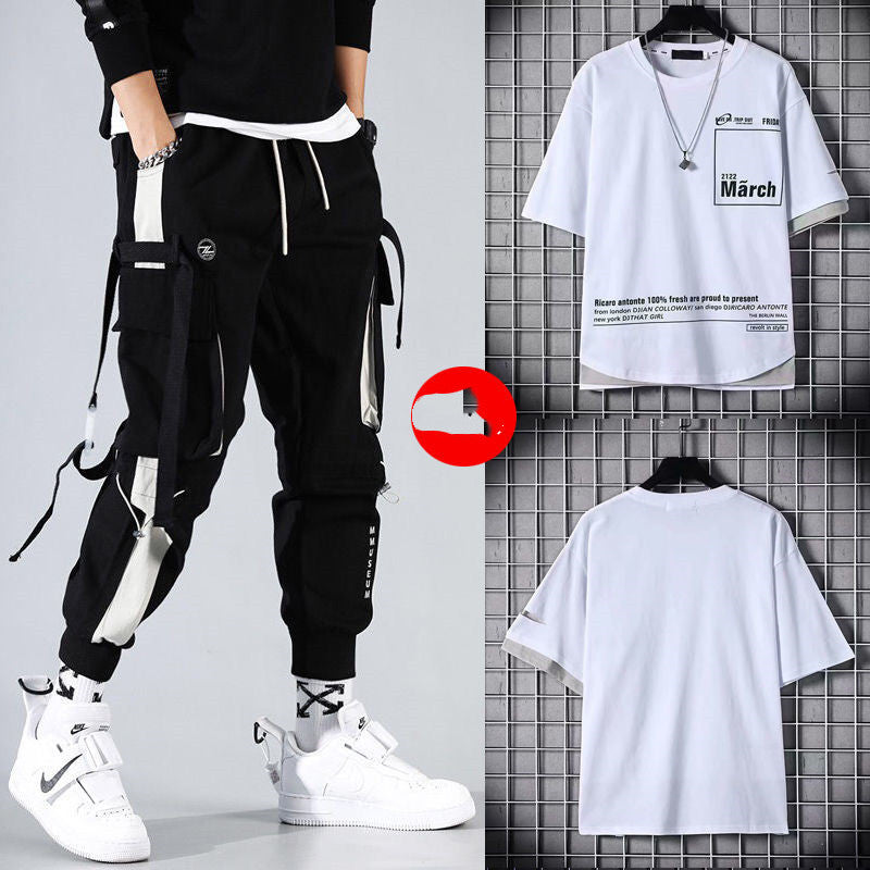 Men’s Two-Piece Hip-Hop Summer Set – Loose Overalls with Hooded Top