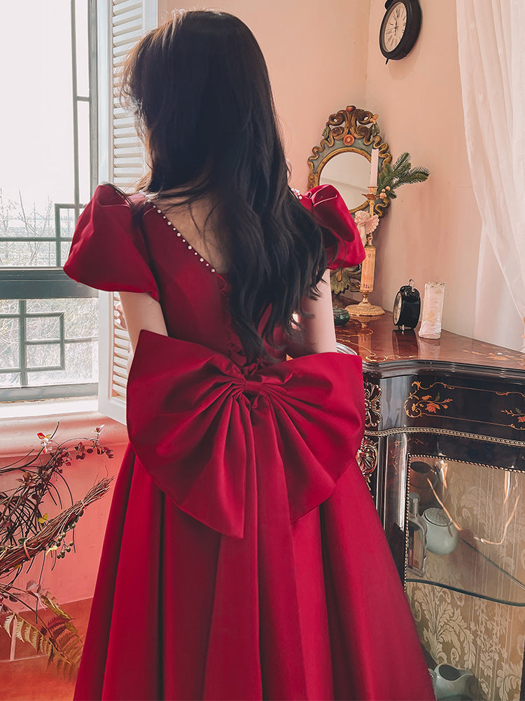 Regal Romance Puff Sleeve Pearl-Trimmed Dress – Wine Red